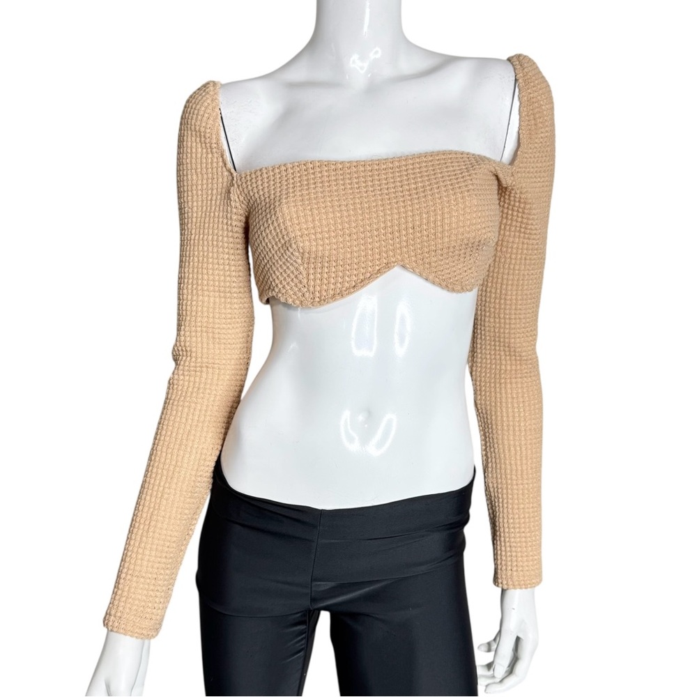 🤑5/$25 Tan Long Sleeve Tan Waffle Knit Crop Top